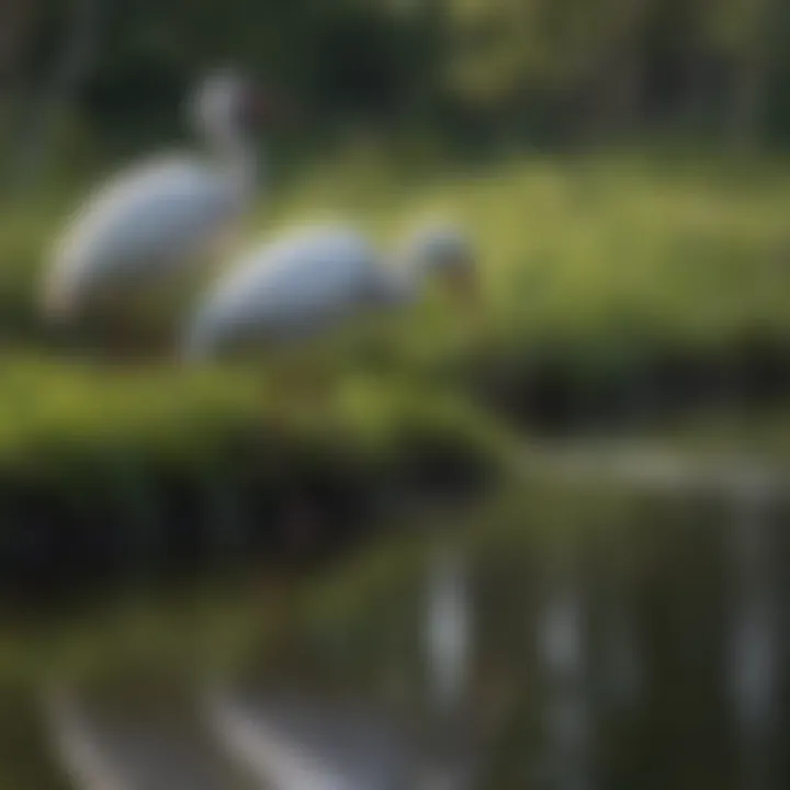 A serene wetland ecosystem showcasing ibises foraging.