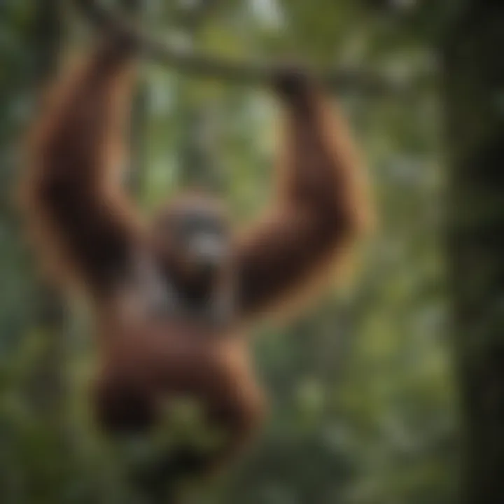 Bornean orangutan foraging for leaves in the treetops.