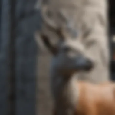 Close-up of intricate details on a cement deer highlighting craftsmanship