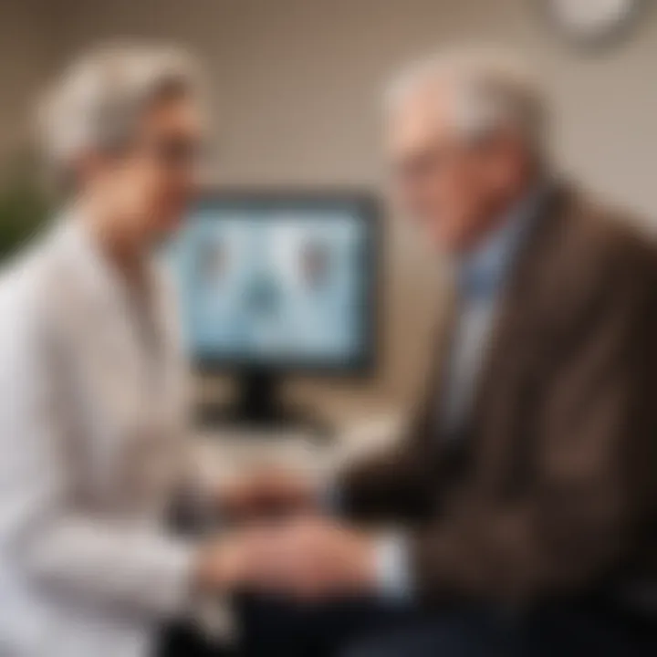 A telehealth interface showcasing a virtual consultation between a doctor and an elderly patient.