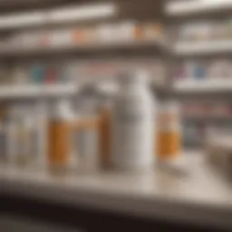 Illustration of various osteoporosis medications on a pharmacy shelf