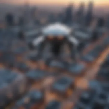Surveillance Innovations in Aerial Robotics Drone equipped with surveillance technology monitoring a cityscape