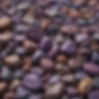 Diverse Collection of Purple Rocks and Textures A variety of purple rocks arranged artistically, showcasing their diverse textures and hues.