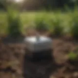 A high-tech soil moisture sensor embedded in a lush field