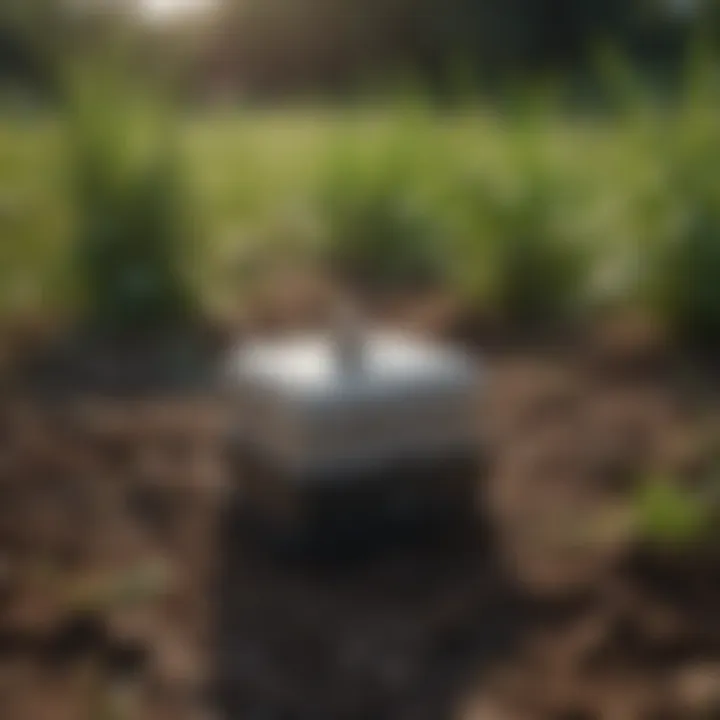 A high-tech soil moisture sensor embedded in a lush field