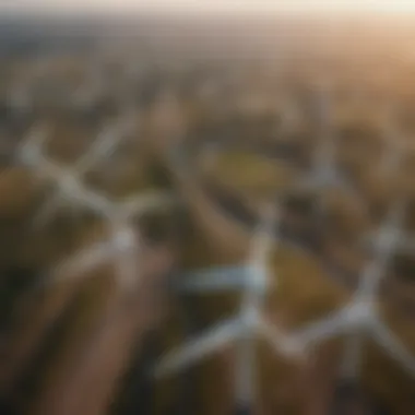 Aerial view of an expansive onshore wind farm with numerous turbines against a clear sky.
