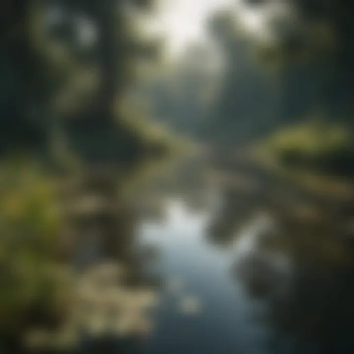 A serene pond surrounded by lush vegetation, showcasing its tranquil ecosystem.