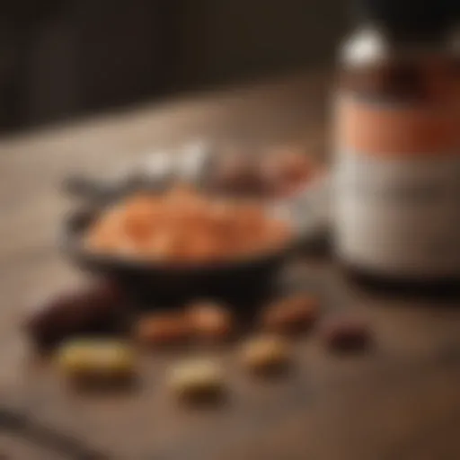 A close-up of dietary supplements on a wooden table