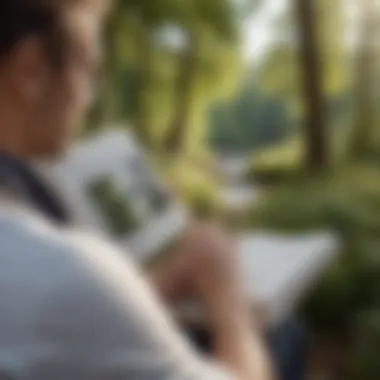A person contemplating with a book in hand, surrounded by nature