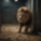 A lone lion pacing in a confined space, reflecting the stress of captivity.