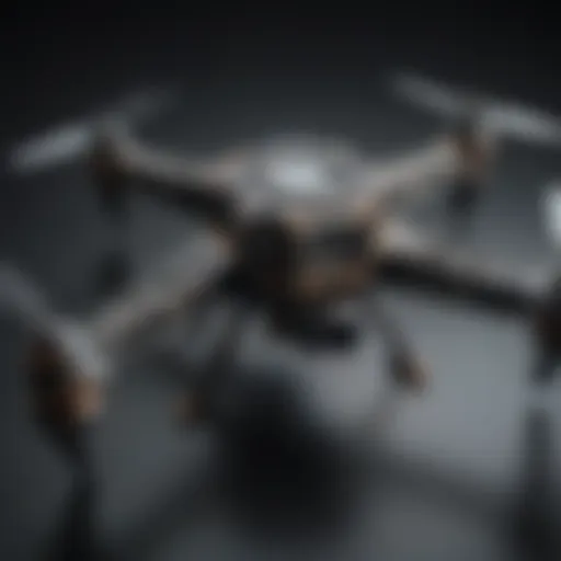 Close-up view of a small quadcopter showcasing its intricate design and components