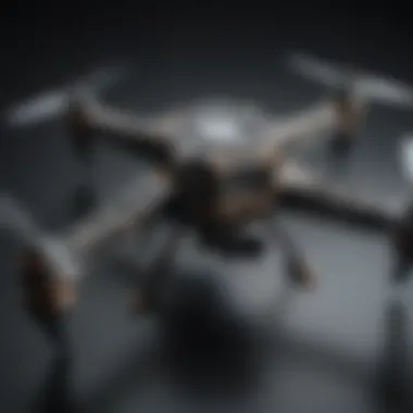 Intricate Design of a Small Quadcopter Close-up view of a small quadcopter showcasing its intricate design and components