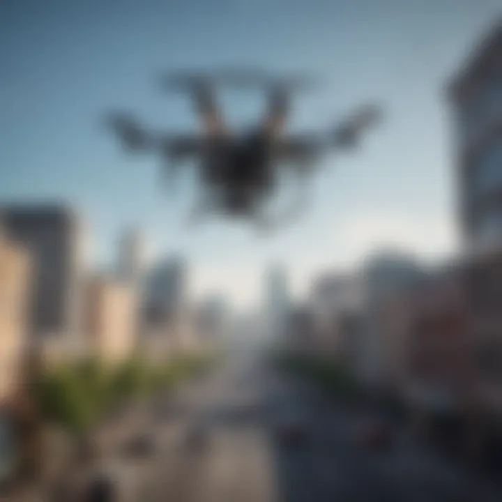 Small quadcopter in flight over an urban landscape, demonstrating its applications in delivery