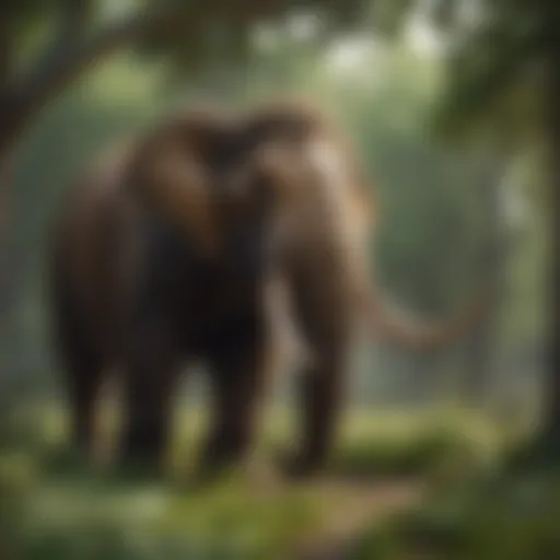 An artistic representation of a mammoth in its natural habitat, surrounded by flora and fauna.