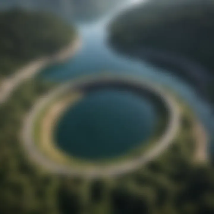 Aerial view of a large water reservoir surrounded by lush greenery and hills